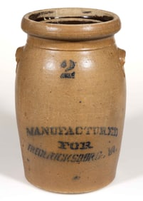 VIRGINIA MERCHANT'S STENCILED STONEWARE TABLE CHURN