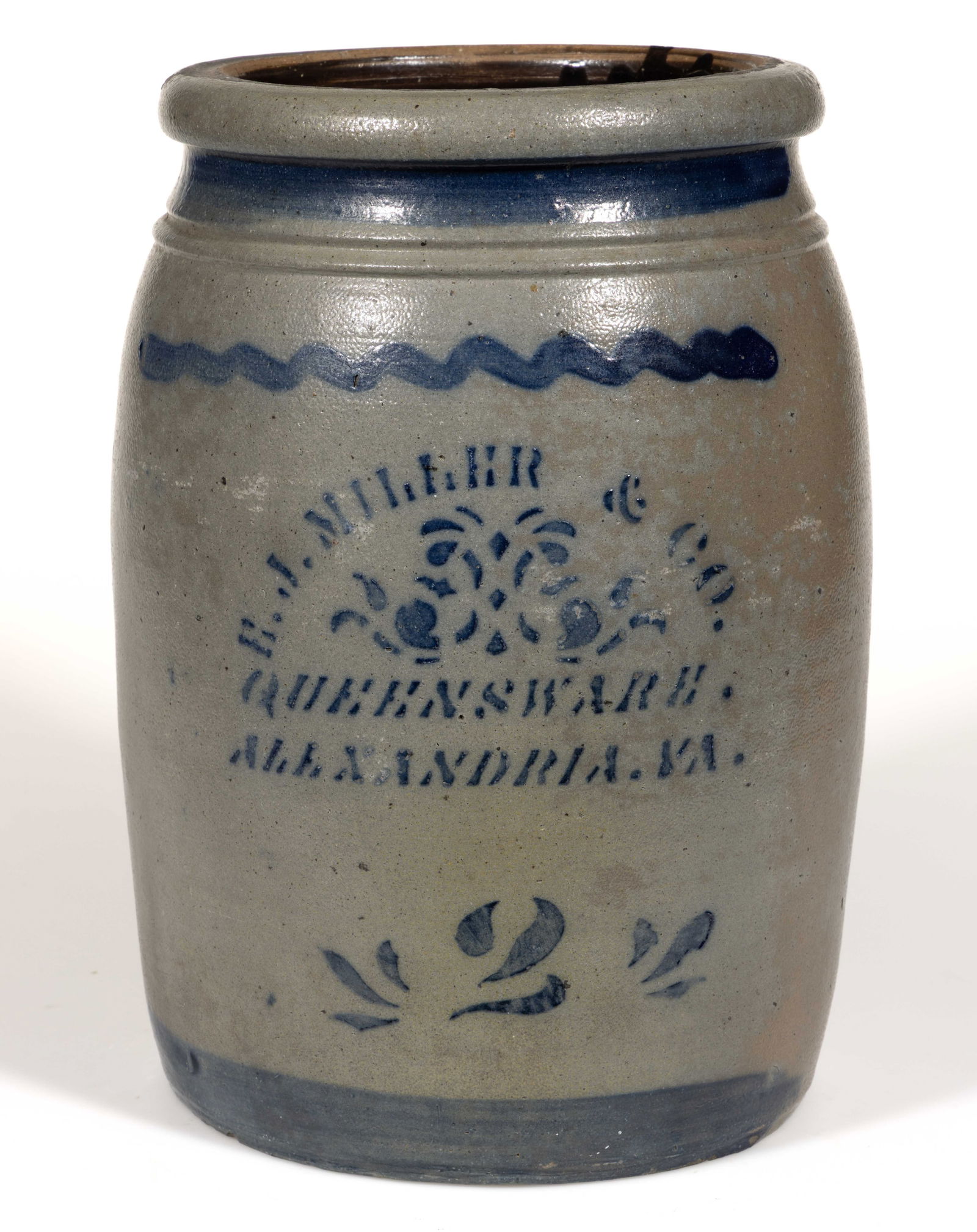 VIRGINIA MERCHANT'S STENCILED STONEWARE JAR: VIRGINIA MERCHANT'S STENCILED STONEWARE JAR, salt-glazed, designated four-gallon capacity, cylindrical form with slight shoulder, flat-top rounded rim, beaded neck ring, and applied arched handles