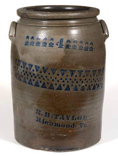VIRGINIA MERCHANT'S STENCILED STONEWARE JAR: VIRGINIA MERCHANT&#39;S STENCILED STONEWARE JAR, salt-glazed, designated four-gallon capacity, cylindrical form with slight shoulder, flat-top rounded rim, beaded neck ring, and applied arched handles