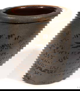 WEST VIRGINIA MERCHANT'S STENCILED STONEWARE JAR: WEST VIRGINIA MERCHANT&#39;S STENCILED STONEWARE JAR, approximately half-gallon capacity, semi-ovoid form with flat-top rounded rim, and Albany-slip glazed interior. Stenciled cobalt &quot;H.F. BEHREN
