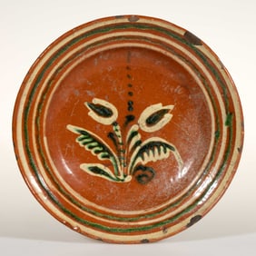 IMPORTANT SALEM, NORTH CAROLINA MORAVIAN POLYCHROME-DECORATED EARTHENWARE / REDWARE PLATE OR DISH