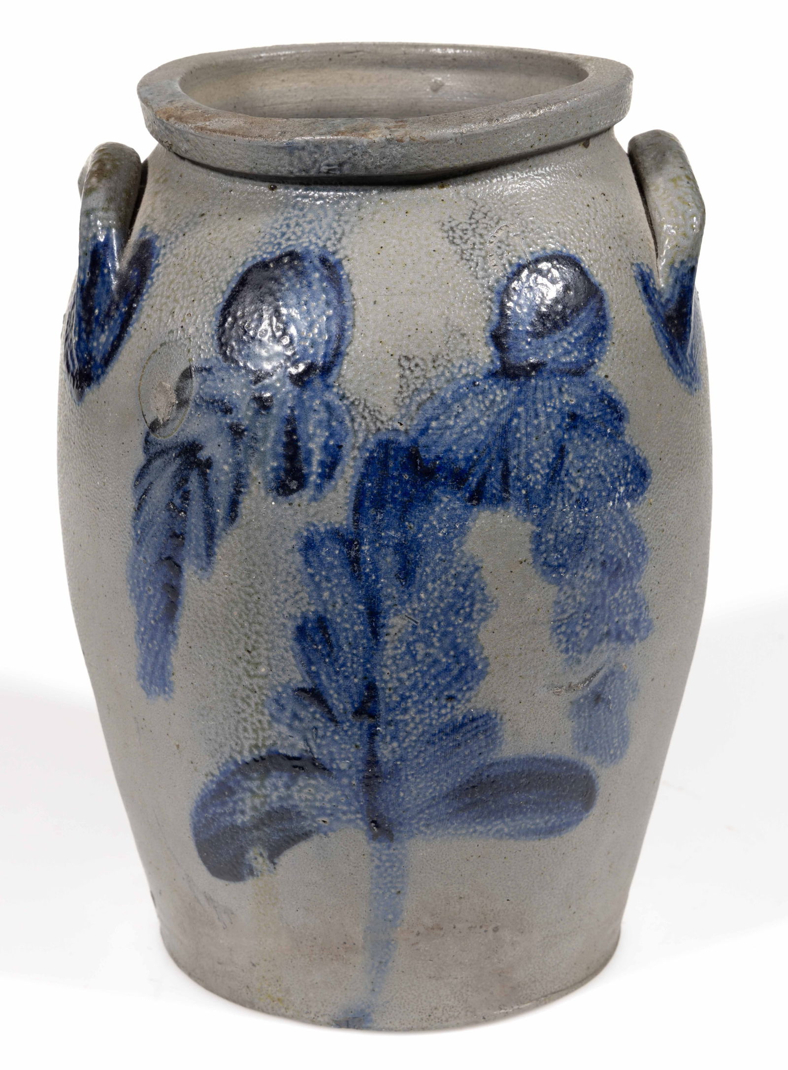 BALTIMORE, MARYLAND DECORATED STONEWARE JAR: BALTIMORE, MARYLAND DECORATED STONEWARE JAR, salt-glazed, "1" gallon capacity mark, ovoid form with squared rim and applied arched handles. Brushed cobalt floral design to each sid