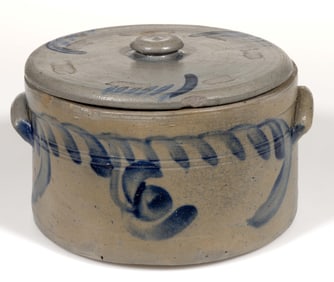 BALTIMORE, MARYLAND DECORATED STONEWARE CAKE CROCK WITH COVER