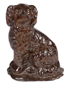 SIGNED JOHN BELL, WAYNESBORO, PENNSYLVANIA EARTHENWARE / REDWARE MOLDED SPANIEL FIGURE