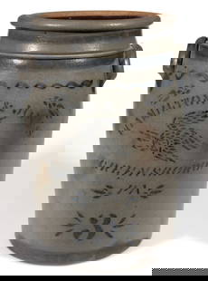 WESTERN PENNSYLVANIA STENCILED STONEWARE JAR: WESTERN PENNSYLVANIA STENCILED STONEWARE JAR, salt-glazed, designated three-gallon capacity,&nbsp;cylindrical form with slight shoulder, flat-top rounded rim, beaded&nbsp;neck ring, and applied arched