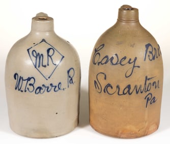 STAMPED "PITTSTON, PA", PENNSYLVANIA MERCHANT'S SCRIPT STONEWARE JUGS, LOT OF TWO