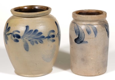PHILADELPHIA, PENNSYLVANIA DECORATED STONEWARE JARS, LOT OF TWO