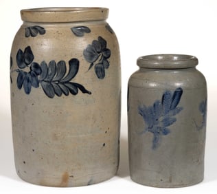 MID-ATLANTIC DECORATED STONEWARE JARS, LOT OF TWO