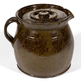 MID-ATLANTIC DECORATED EARTHENWARE / REDWARE COVERED BATTER PITCHER / JUG