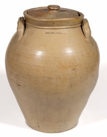 STAMPED "CHARLESTOWN", BOSTON, MASSACHUSETTS STONEWARE COVERED JAR