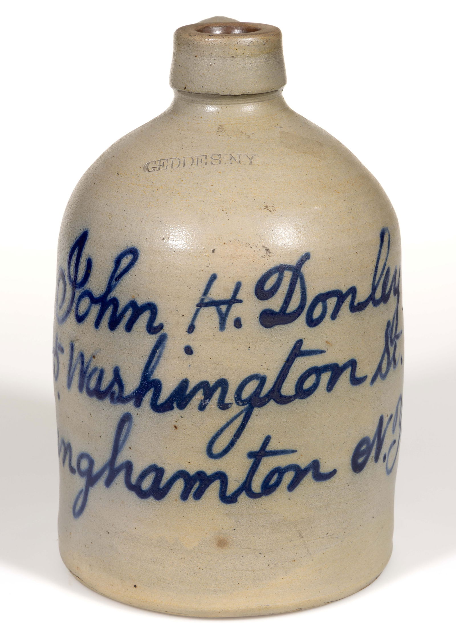 STAMPED "GEDDES. N.Y.", NEW YORK MERCHANT'S SCRIPT STONEWARE JUG (1 of 5)