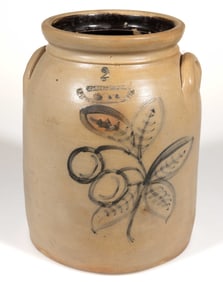 STAMPED "POTTERY WORKS / LITTLE WST 12TH ST NY.", NEW YORK DECORATED STONEWARE JAR