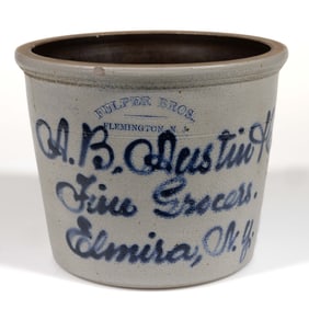 STAMPED "FULPER BROS., / FLEMINGTON, N.J.", NEW YORK MERCHANT'S SCRIPT CROCK