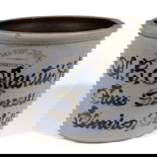 STAMPED "FULPER BROS., / FLEMINGTON, N.J.", NEW YORK MERCHANT'S SCRIPT CROCK: STAMPED &quot;FULPER BROS., / FLEMINGTON, N.J.&quot;, NEW YORK MERCHANT&#39;S SCRIPT CROCK, salt-glazed, approximately one-gallon capacity, slight conical form with flat-top rounded rim, single-incise