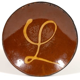 AMERICAN DECORATED EARTHENWARE / REDWARE PAN / PLATE