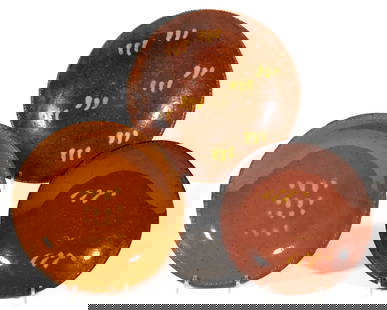AMERICAN DECORATED EARTHENWARE / REDWARE PANS / PLATES, LOT OF THREE: AMERICAN DECORATED EARTHENWARE / REDWARE PANS / PLATES, LOT OF THREE, single lead-glazed with yellow slip-trailed&nbsp;decorations and coggled rims, comprising one example having eight groups of three