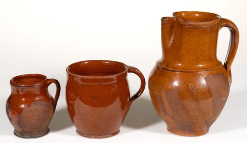 AMERICAN EARTHENWARE / REDWARE DRINKING ARTICLES / PITCHERS, LOT OF THREE
