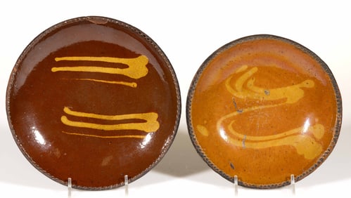AMERICAN DECORATED EARTHENWARE / REDWARE DISH / PLATE