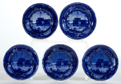 STAFFORDSHIRE AMERICAN VIEW TRANSFER-PRINTED CERAMIC CUP PLATES, SET OF FIVE