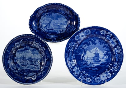 STAFFORDSHIRE AMERICAN AND NAUTICAL MOTIF TRANSFER-PRINTED CERAMIC TABLE ARTICLES, LOT OF THREE