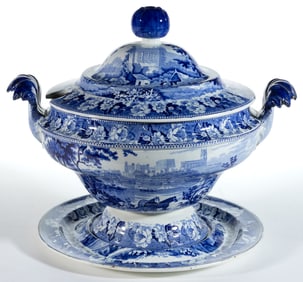 STAFFORDSHIRE BRITISH VIEWS TRANSFER-PRINTED SOUP TUREEN WITH UNDERTRAY