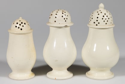 ENGLISH CREAMWARE CERAMIC CASTORS / PEPPER POTS, LOT OF THREE