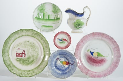 BRITISH SPATTERWARE HAND-PAINTED ASSORTED ARTICLES, LOT OF SIX