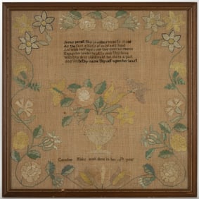 MRS. C. EVANS SEMINARY, BUCKS / MONTGOMERY CO., PENNSYLVANIA ATTRIBUTED PICTORIAL NEEDLEWORK SAMPLER