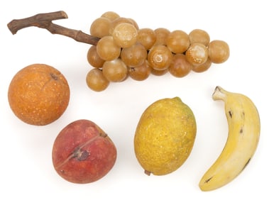 ASSORTED FOLK ART CARVED AND PAINTED FIGURAL STONE FRUIT, LOT OF FIVE