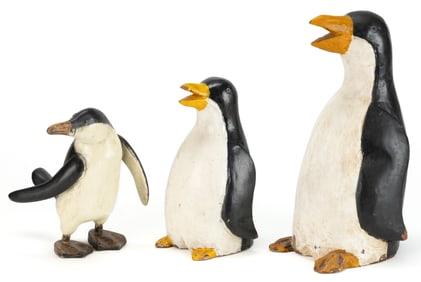 FOLK ART CARVED AND PAINTED WOODEN PENGUIN FIGURES, LOT OF THREE
