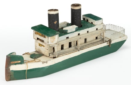 AMERICAN FOLK ART PAINTED WOODEN STEAMBOAT TOY