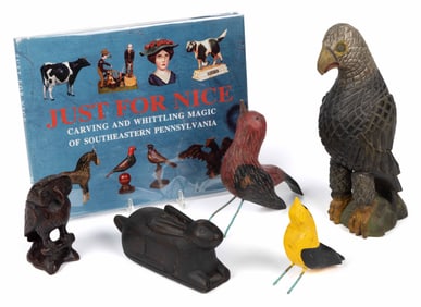 ASSORTED FOLK ART CARVED ANIMAL FIGURES AND REFERENCE VOLUME, LOT OF SIX
