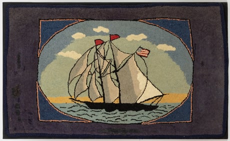 AMERICAN FOLK ART SHIP WITH U.S. FLAG PICTORIAL HOOKED RUG