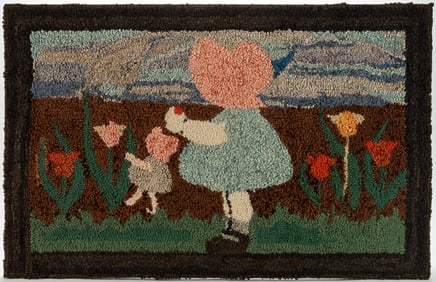 AMERICAN FOLK ART SUNBONNET SUE PICTORIAL HOOKED RUG