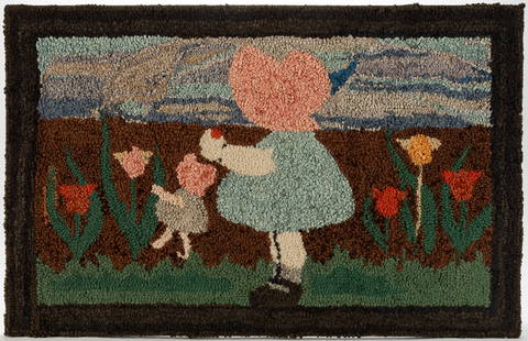 AMERICAN FOLK ART SUNBONNET SUE PICTORIAL HOOKED RUG: AMERICAN FOLK ART SUNBONNET SUE PICTORIAL HOOKED RUG, rectangular form, depicting two girl figures wearing pink sunbonnets, walking in a field with tulips and a blue sky above, border to all four side