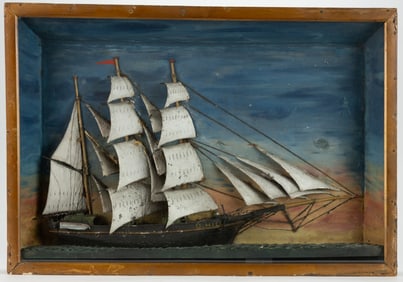 AMERICAN FOLK ART CARVED AND PAINTED SHIP DIORAMA