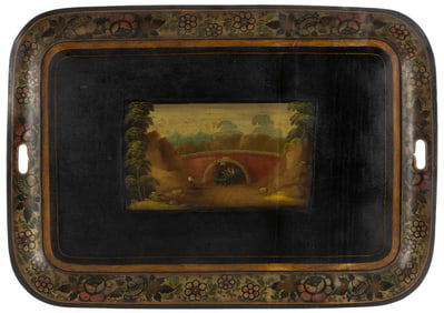 AMERICAN PAINT-DECORATED TOLEWARE TRAY WITH STEAM LOCOMOTIVE MOTIF