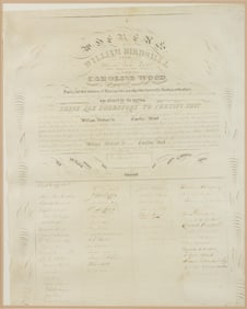 NEW YORK CITY, NEW YORK CALLIGRAPHY MARRIAGE CERTIFICATE FOR WILLIAM BIRDSALL JR. AND CAROLINE WOOD