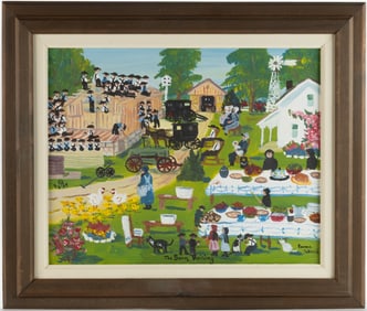 EMMA SCHROCK (INDIANA, 1924-1991) "THE BARN RAISING" PAINTING