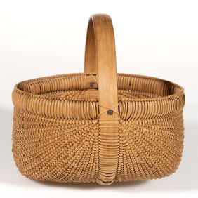 SHELTON SISTERS, FORSYTH CO., NORTH CAROLINA ATTRIBUTED DIMINUTIVE RIB-TYPE WOVEN-SPLINT BASKET
