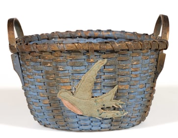 AMERICAN, PROBABLY NEW ENGLAND, DIMINUTIVE PAINTED STAVE-TYPE WOVEN-SPLINT BASKET