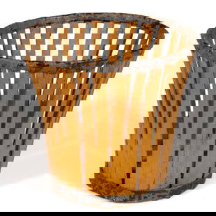 SHAKER DIMINUTIVE PAINTED STAVE-TYPE BERRY BASKET: SHAKER DIMINUTIVE PAINTED STAVE-TYPE BERRY BASKET, the bent sheet-iron rim joins a number of bent and shaped staves which connect at a platform base with a central hole and a sheet-iron band around th