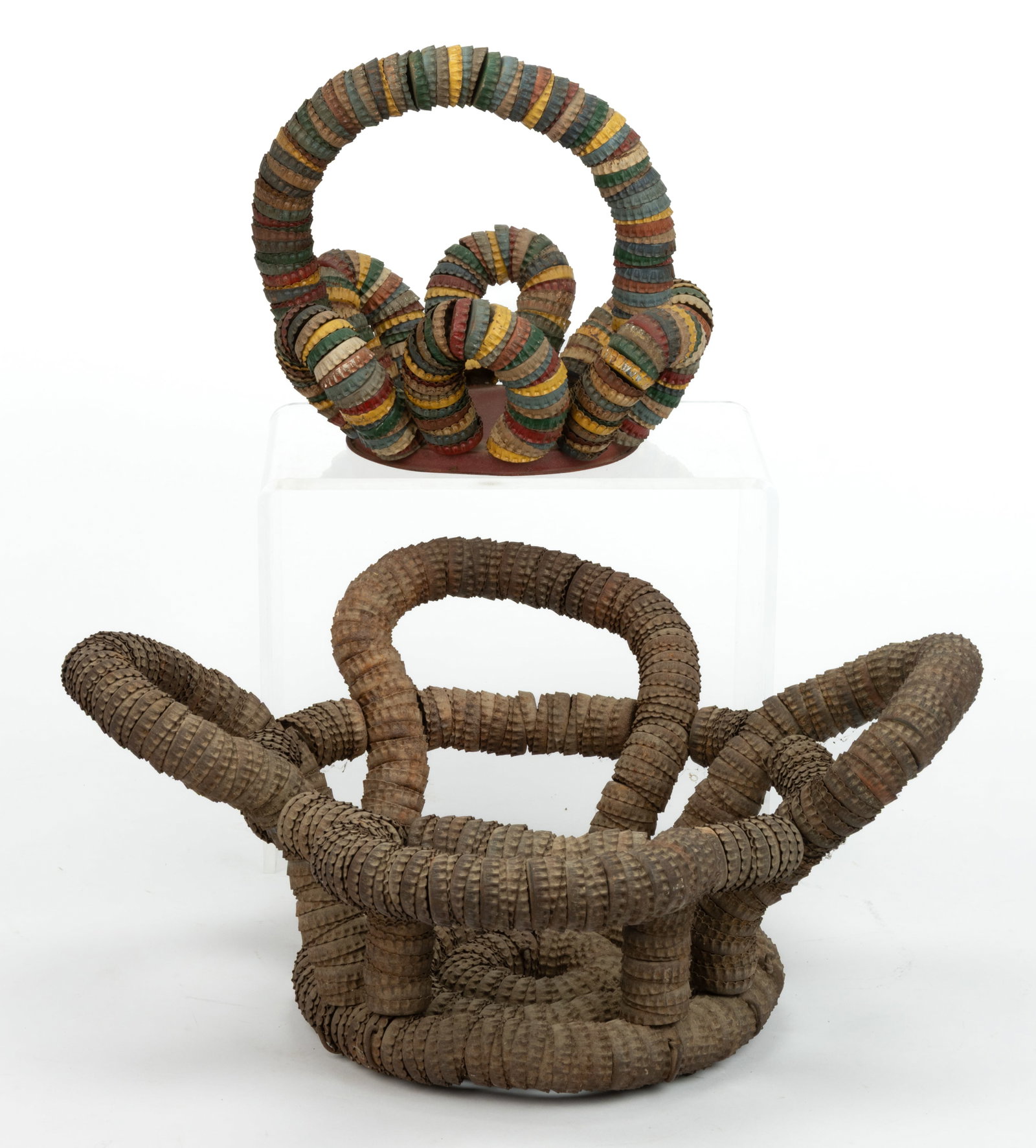 MID-ATLANTIC FOLK ART BOTTLE CAP BASKETS, LOT OF TWO (1 of 2)