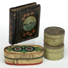 ASSORTED PAINT-DECORATED DIMINUTIVE BOXES, LOT OF FOUR