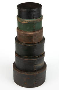AMERICAN COUNTRY PAINTED BENTWOOD PANTRY BOXES, LOT OF SIX: AMERICAN COUNTRY PAINTED BENTWOOD PANTRY BOXES, LOT OF SIX, circular forms with base and covers each having overlapping sides and secured with tacks, each with an early painted sur