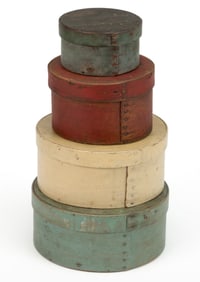 AMERICAN COUNTRY PAINTED BENTWOOD PANTRY BOXES, LOT OF FOUR