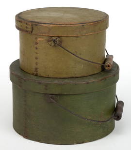 AMERICAN COUNTRY PAINTED BENTWOOD PANTRY BOXES, LOT OF TWO: AMERICAN COUNTRY PAINTED BENTWOOD PANTRY BOXES, LOT OF TWO, circular forms with base and covers each having overlapping sides and secured with tacks, wire bail handles with wooden hand
