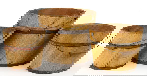 AMERICAN COUNTRY GRAIN-PAINTED BUCKETS, LOT OF THREE: &nbsp;AMERICAN COUNTRY GRAIN-PAINTED BUCKETS, LOT OF THREE, circular forms with tongue and groove construction and two iron support bands for staves, wire bail handles with&nbsp;wooden hand grips, eac