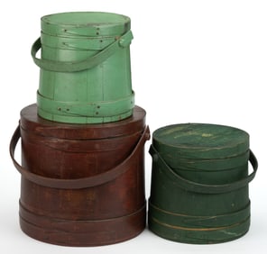 AMERICAN COUNTRY PAINTED TREEN FIRKINS / SUGAR BUCKETS, LOT OF THREE