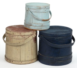 AMERICAN COUNTRY PAINTED TREEN FIRKINS / SUGAR BUCKETS, LOT OF THREE